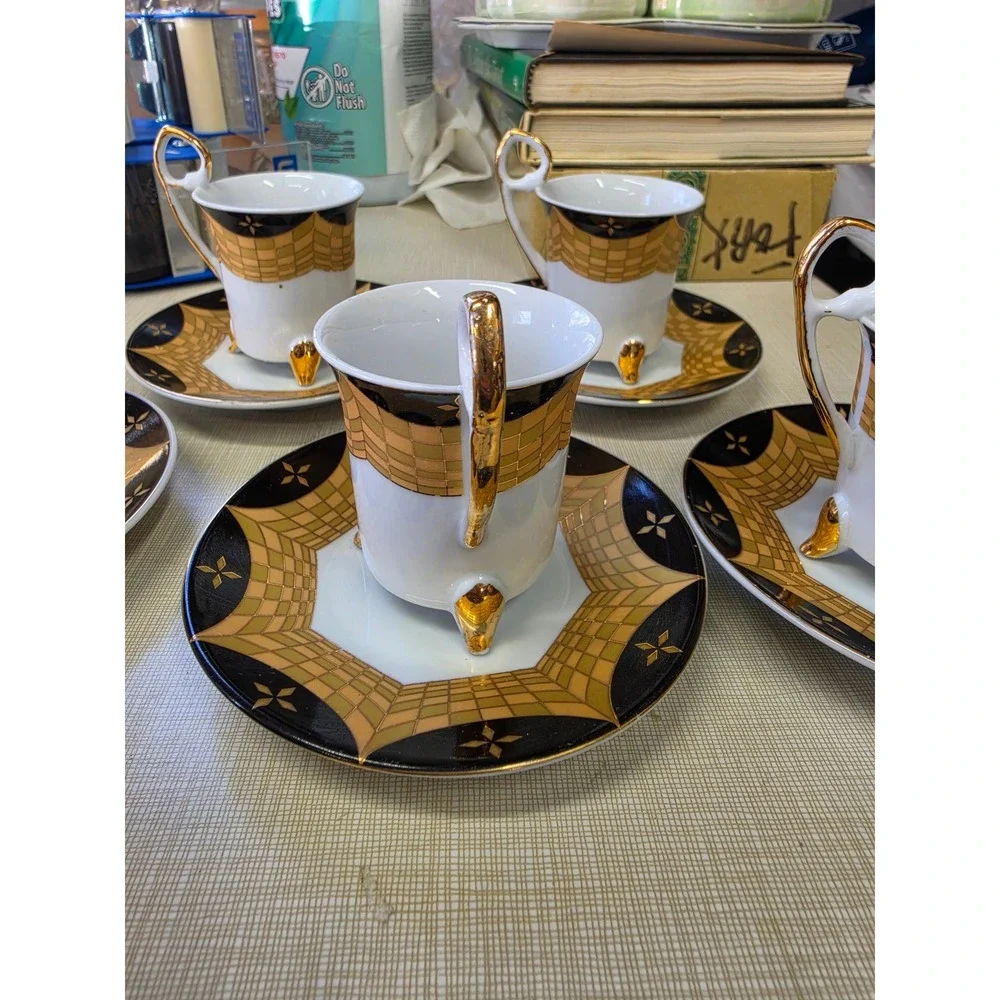 Vintage Art Deco Footed Demitasse Espresso Cup and Saucer Set Black Gold 5pc